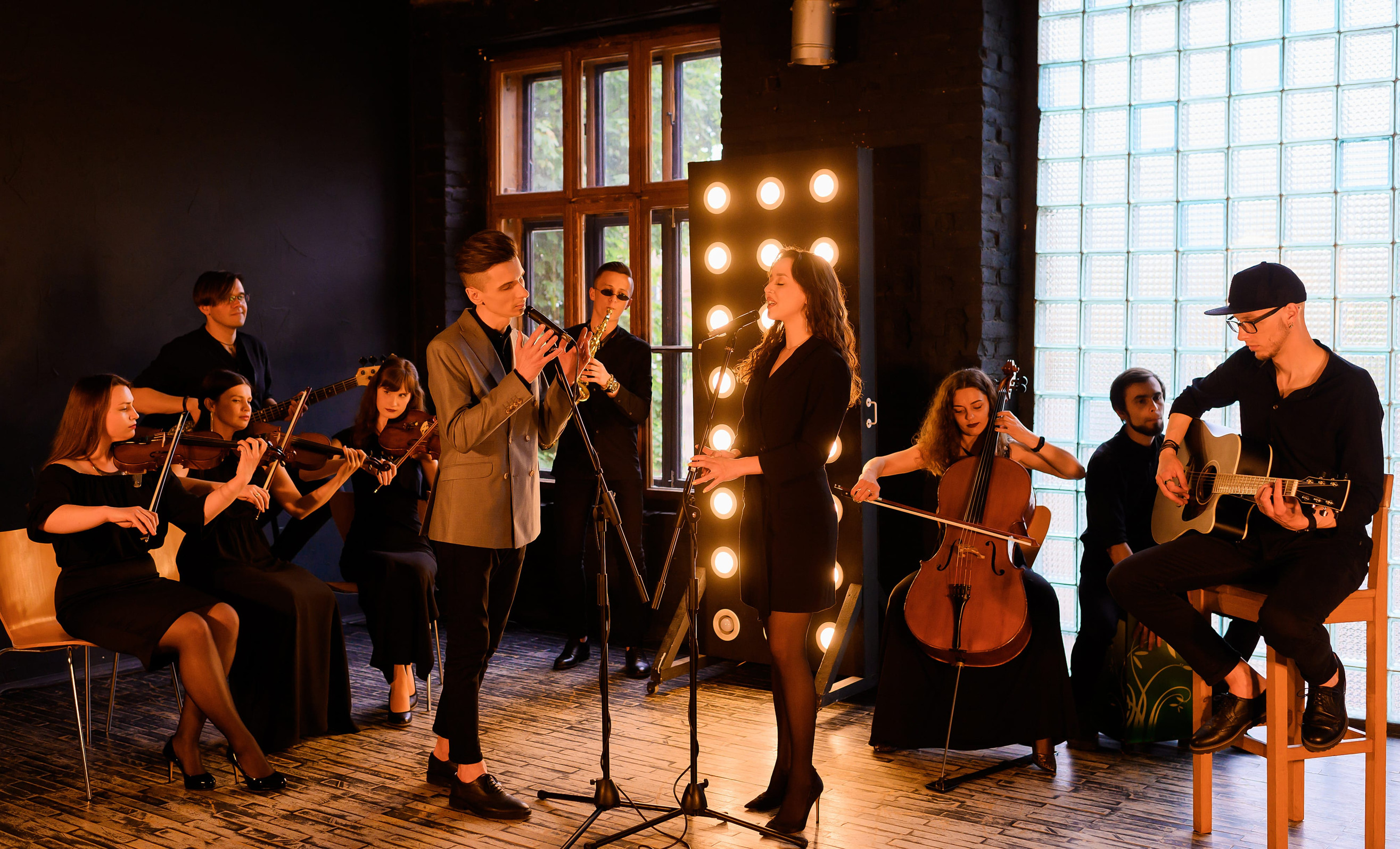 Wedding band performing with professional sound and stage lighting