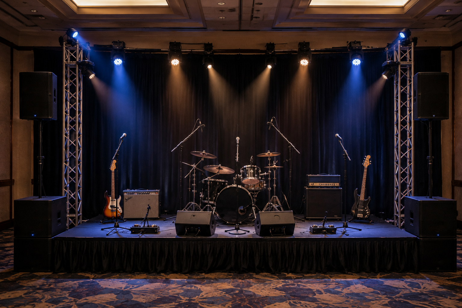Professional staging, sound and lighting prepared for a corporate event