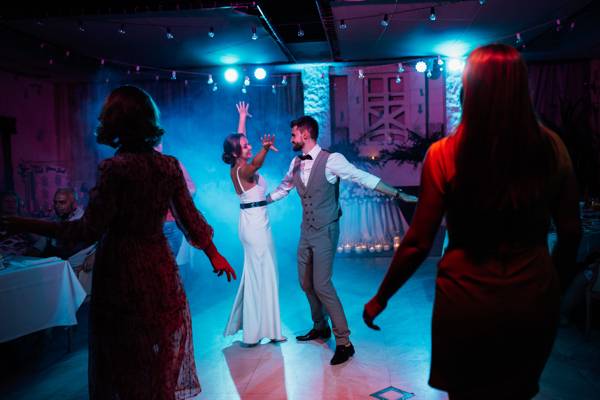 High-energy wedding band entertaining guests on the dance floor