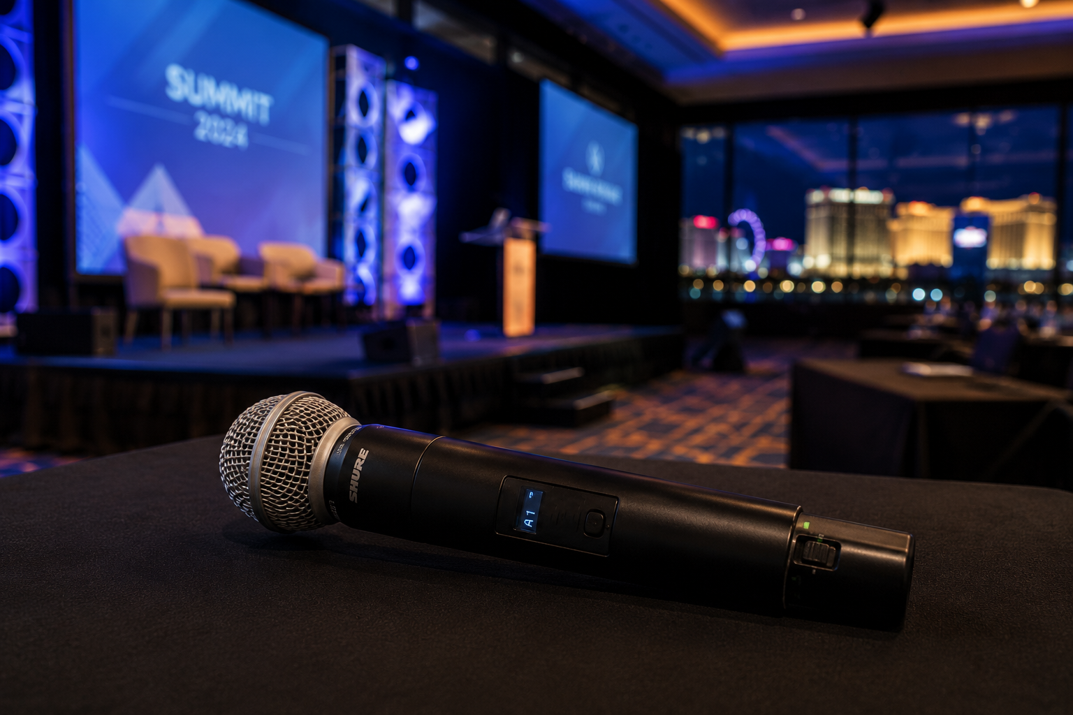 Wireless microphone prepared for a corporate event in Las Vegas