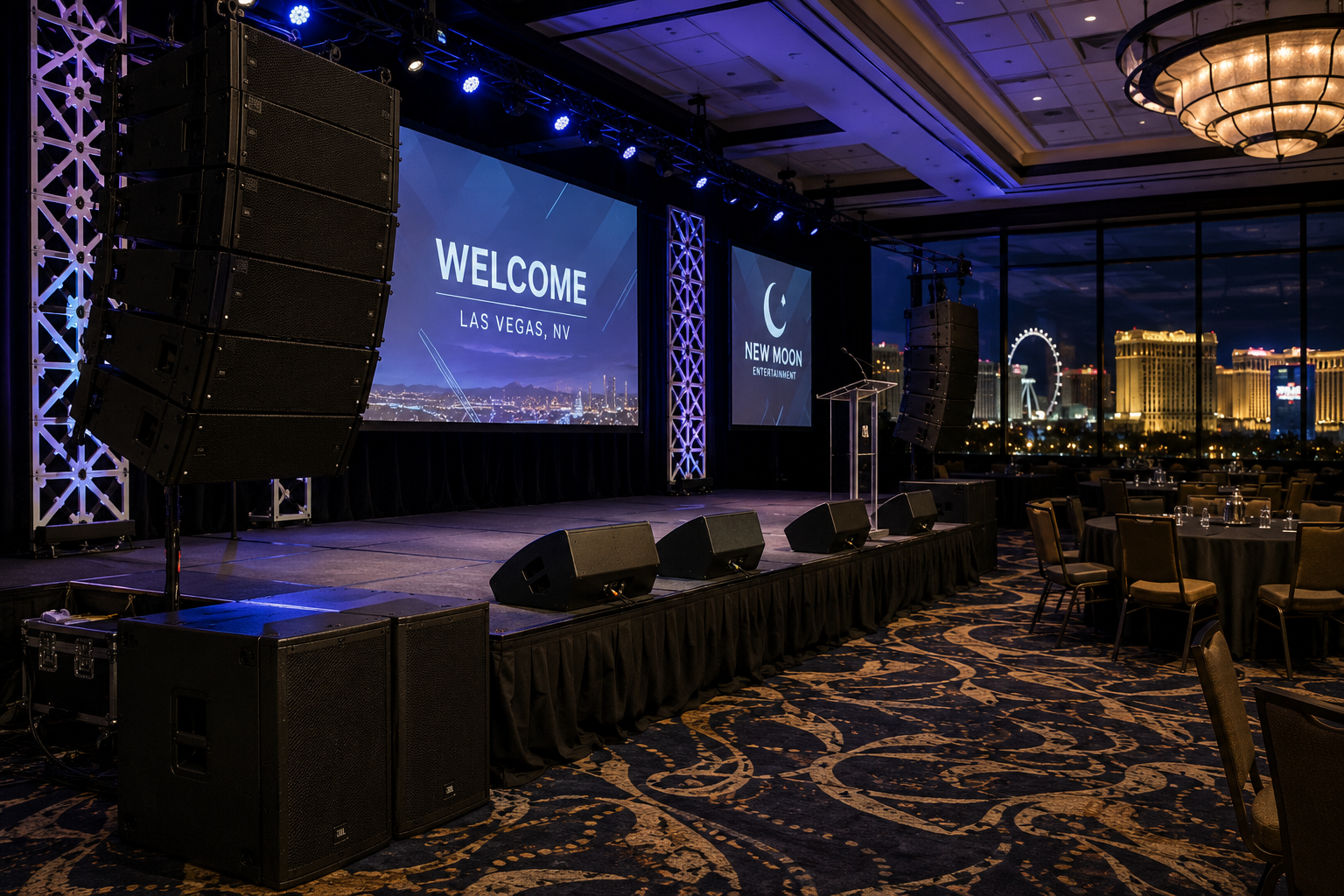 PA speakers and stage monitors arranged for a Las Vegas event