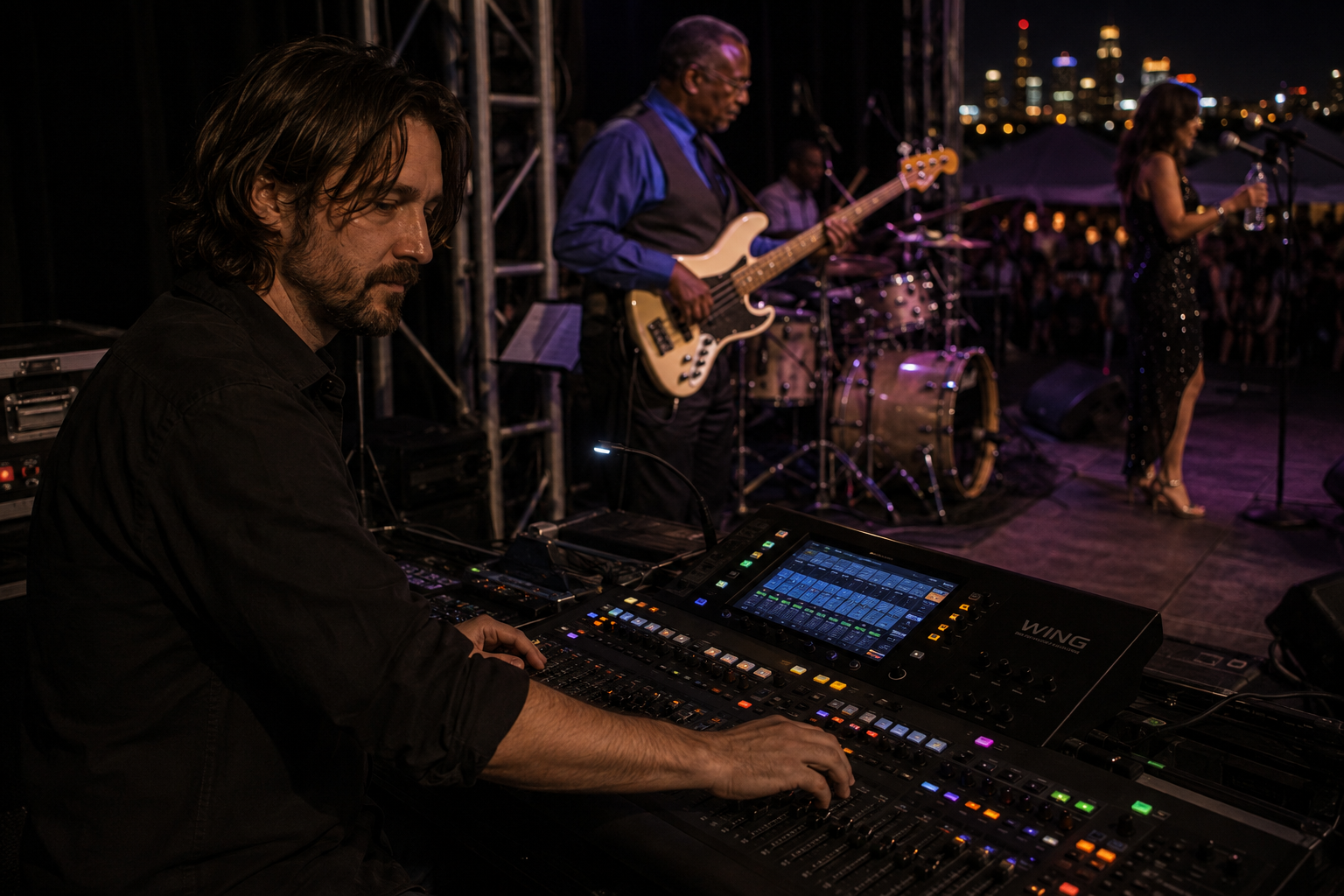 Professional audio engineer operating a mixing console at a live event